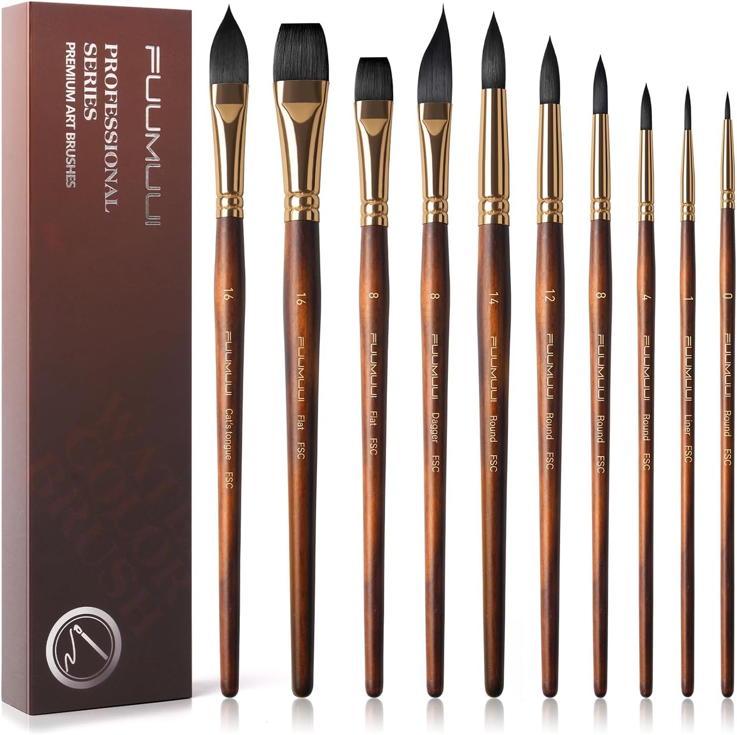 Watercolor Brushes Professional, Fuumuui 10Pcs Synthetic Squirrel Hair Water Color Paint Brush Set for Artists – Flat, Round Pointed, Dagger, Cats Tongue Oval Wash for Watercolor Gouache Inks Painting