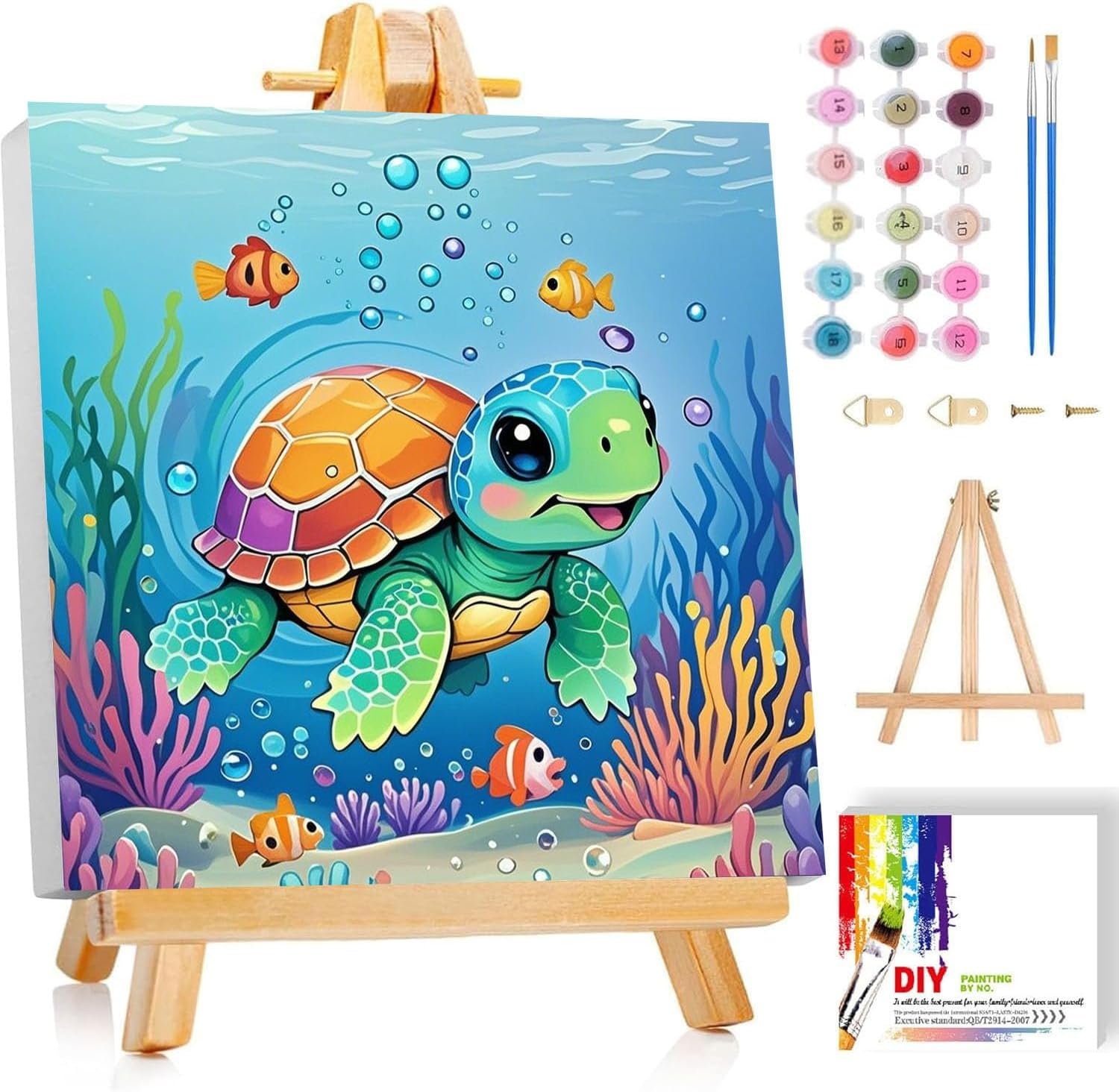 Turtles Paint by Numbers Kit for Kids with Frame – Wooden Easel 8×8 inch