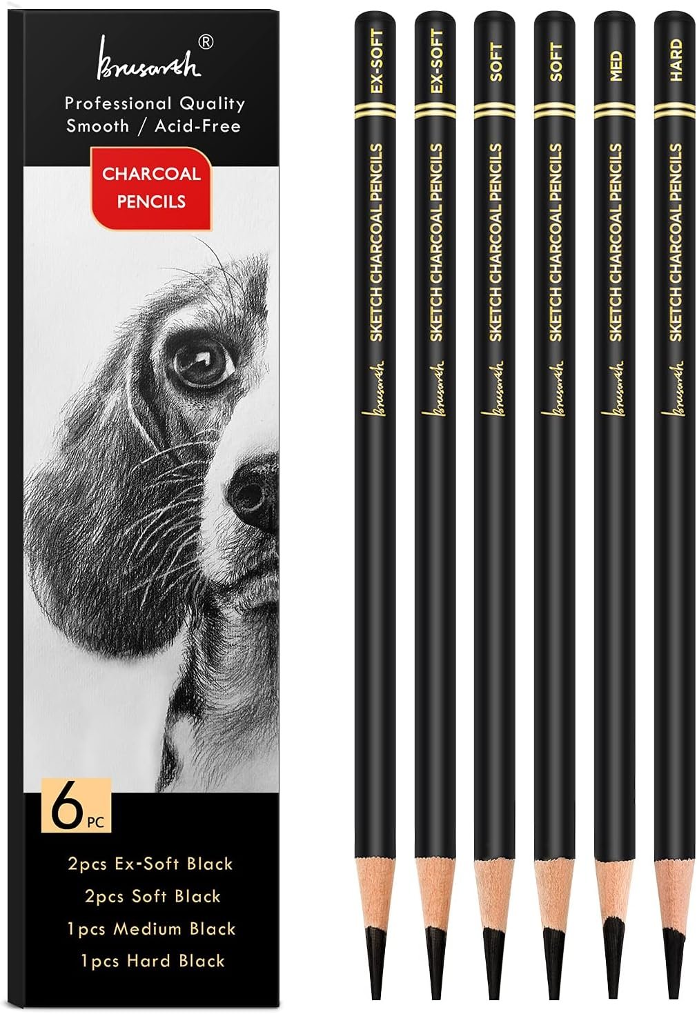 Brusarth Professional Black Charcoal Pencils Drawing Set, 6 Pack