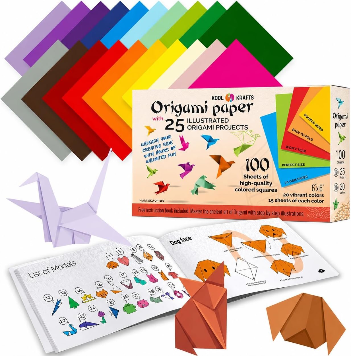 Origami Paper – 100 Origami Paper Kit – Set Includes, 100 Sheets 20 Colors 6×6, Origami Book 25 Easy Colored Projects, Kids Crafts, Christmas Gifts for boys 8-12