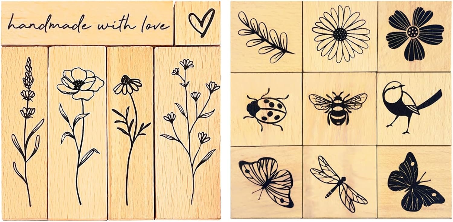 15Pcs Vintage Wood Stamp Set, Nature & Insect Designs for Crafts