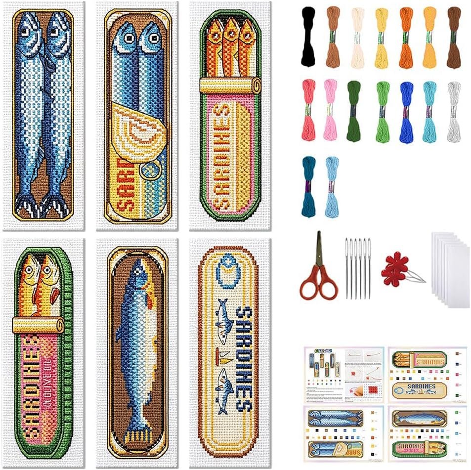 FREEBLOSS 6 Set Cross Stitch Bookmark Kit Canned Fish Patterns 8 * 2.4inch