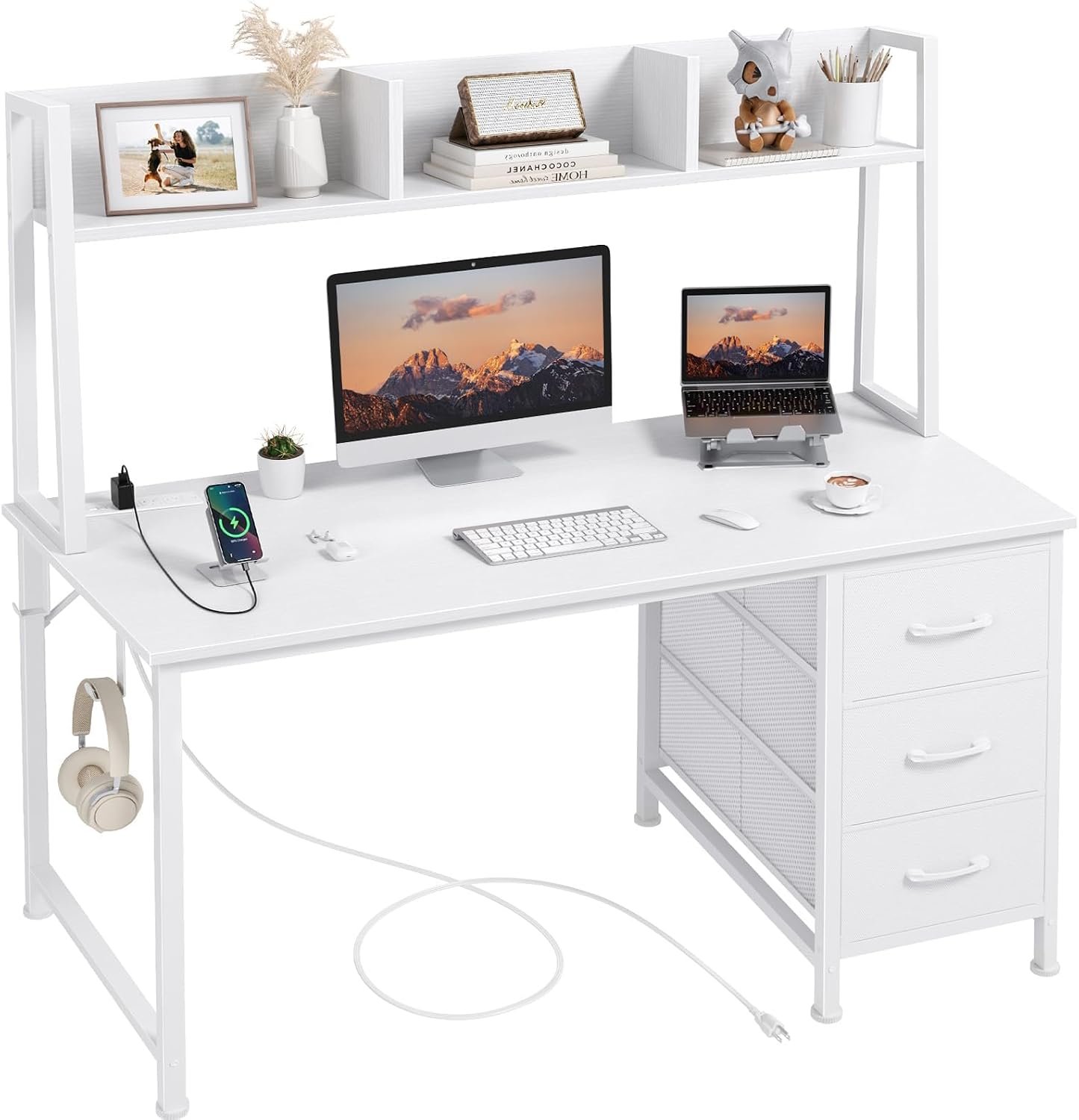 DLisiting White Computer Desk with Hutch & Drawers, 47 Inch