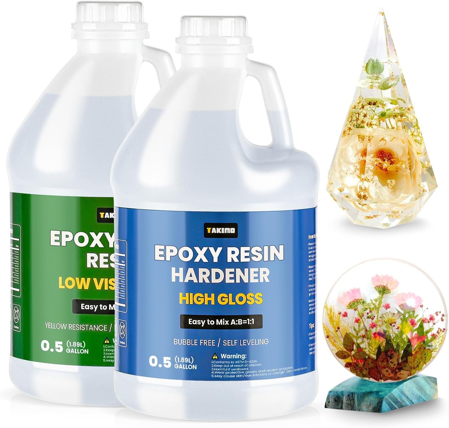 TAKIMO Crystal Clear Epoxy Resin 1 Gallon Kit, Bubble Free & Self-Leveling, Easy 1:1 Mix Resin for Casting, Coating, Art, Molds, Jewelry, Wood, Tabletop & DIY Projects