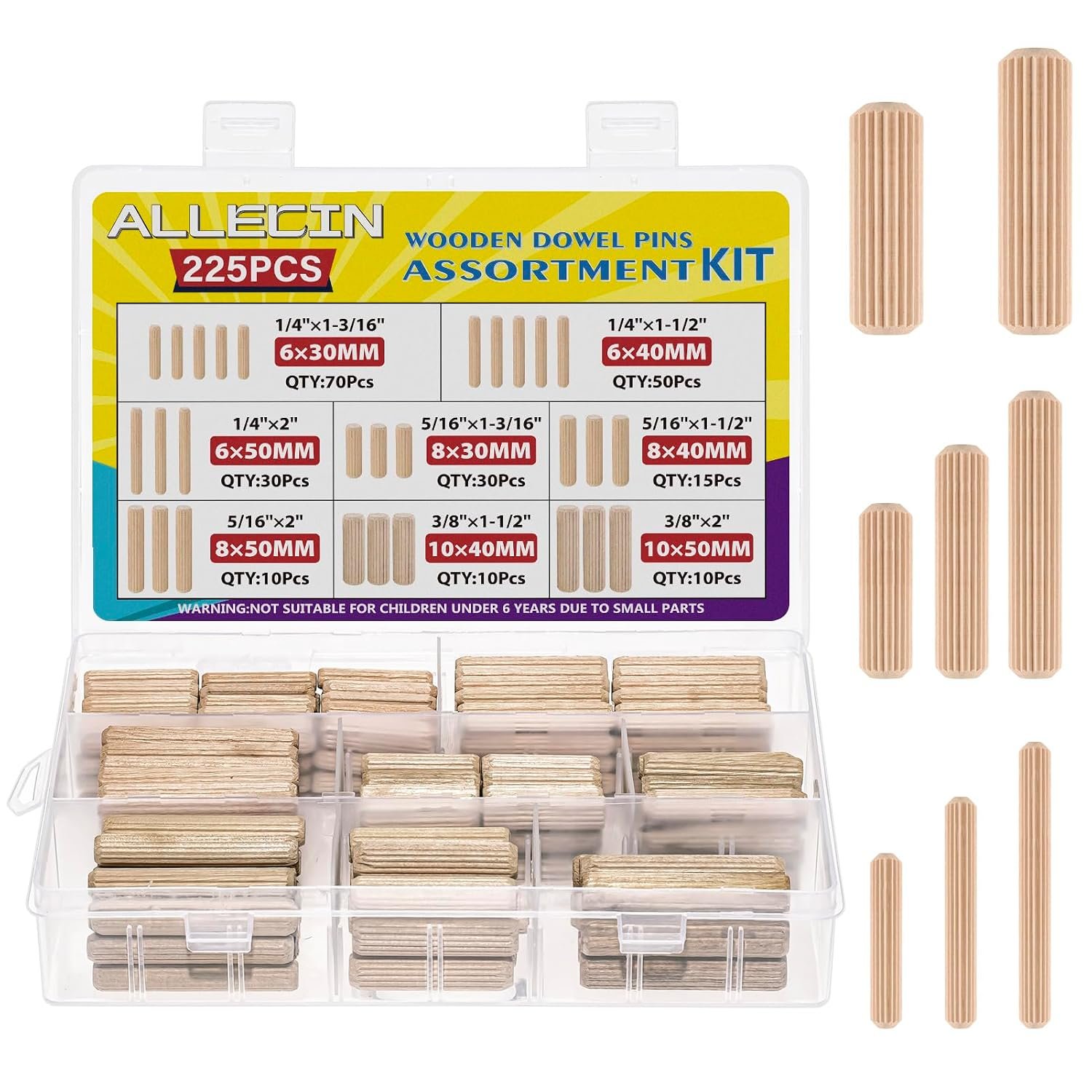 8 Values Wood Dowels Kit 1/4 3/8 5/16 Inch Fluted Wooden Dowel Pins Pegs Assortment for Furniture Woodworking DIY Crafts (Pack of 225Pcs)