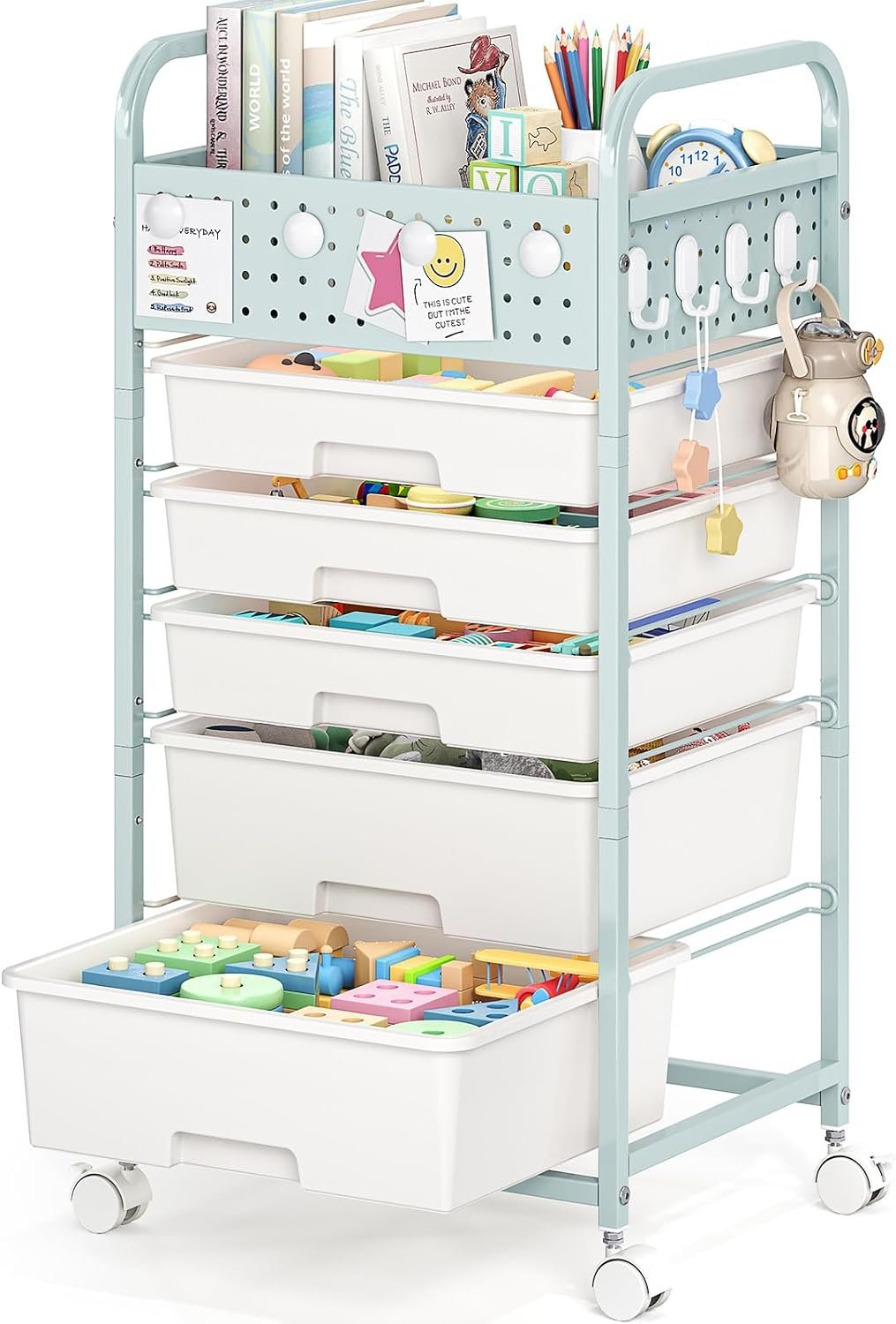 5 Drawer Rolling Storage Cart with Pegboard Top and Hooks, Green