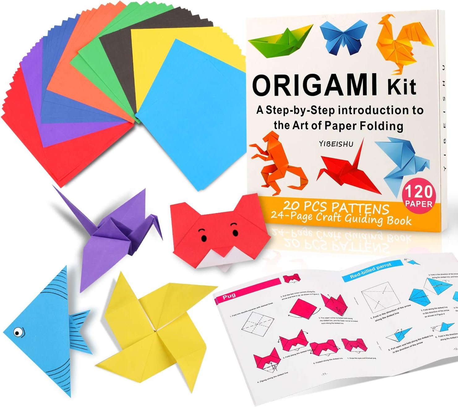 Yibeishu Origami Kit for Kids Ages 5-12,120 Sheets Origami Paper with Book