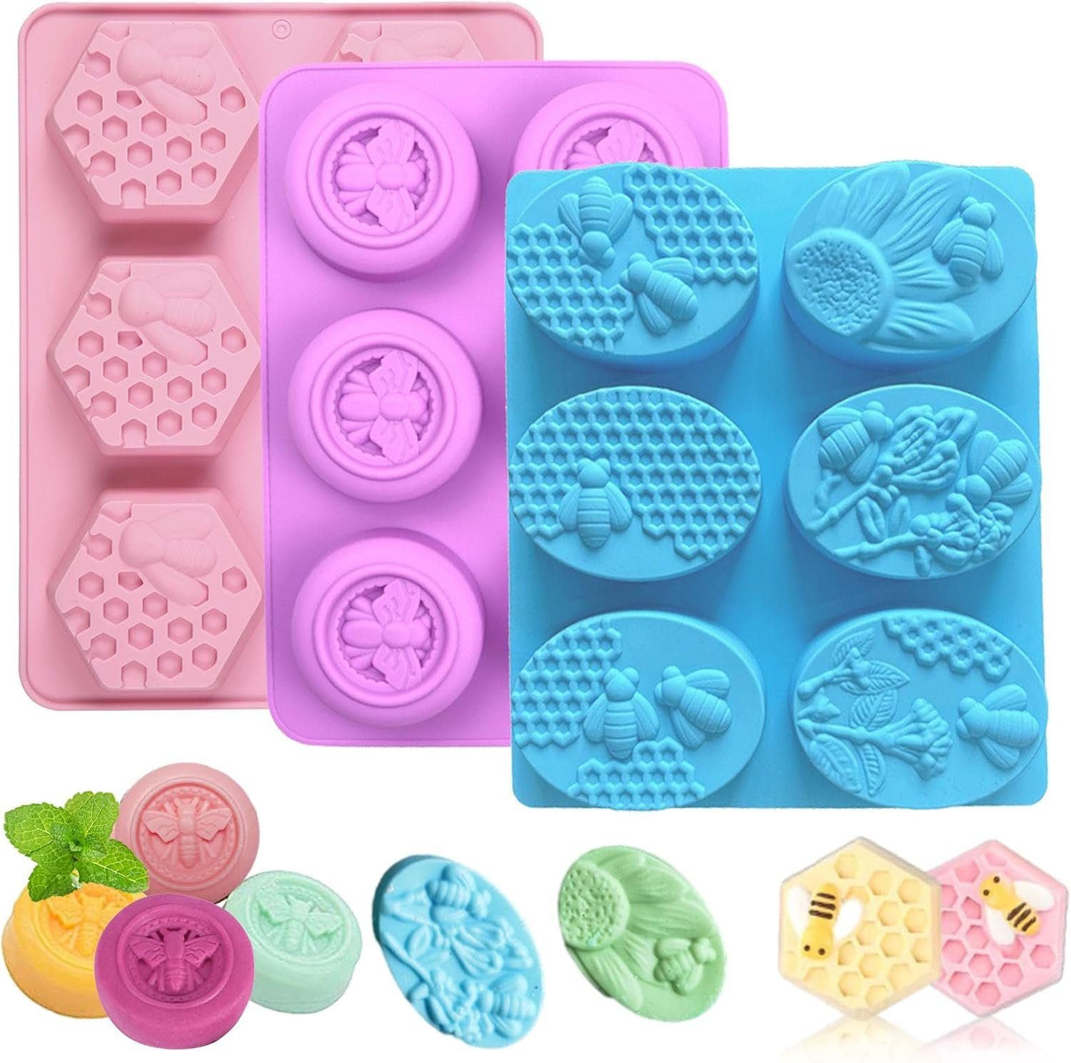 3 Pack Bee Silicone Soap Molds-Hexagon Oval Round Flexible for DIY,Baking