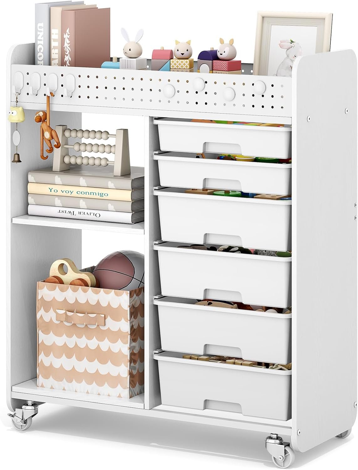 Rolling Craft Cart with 6 Drawers, Pegboard and Locking Wheels White