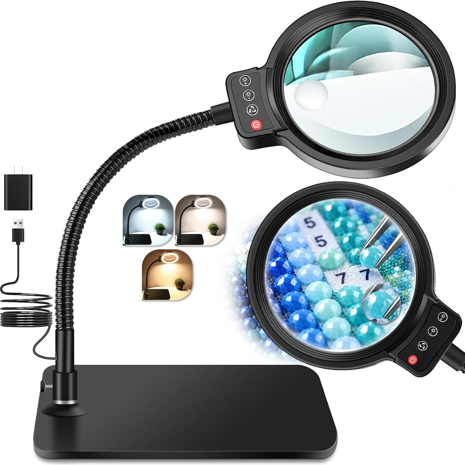 30X 12X Magnifying Glass with Light and Stand, LED Desk Magnifier for Craft