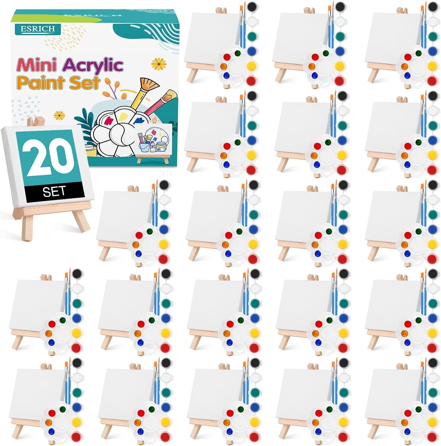 ESRICH 20 Set Canvas Painting Kit, Mini Acrylic Paint Set