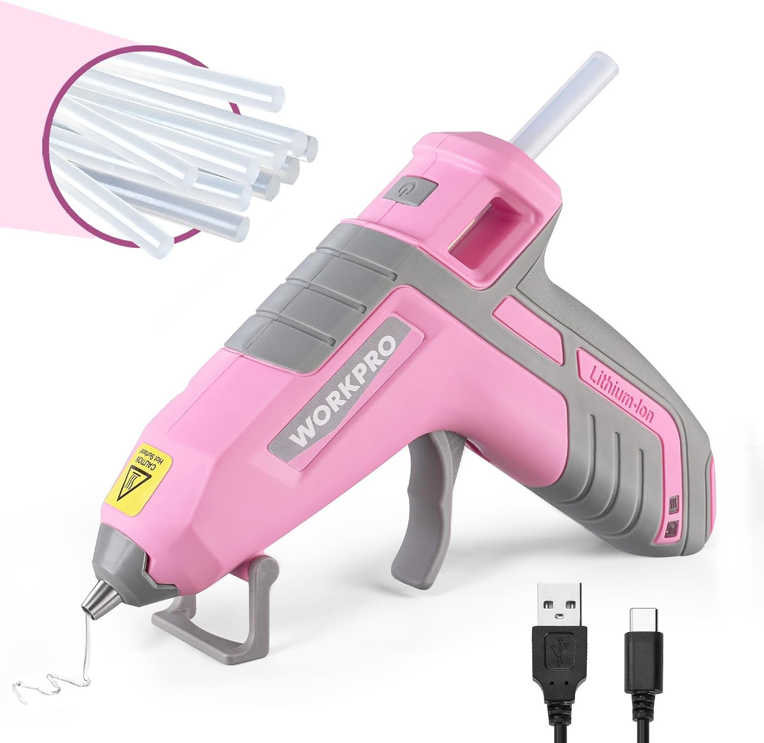 WORKPRO 3.6V Cordless Hot Glue Gun, 20 Pcs Premium Mini Glue Sticks, Pink