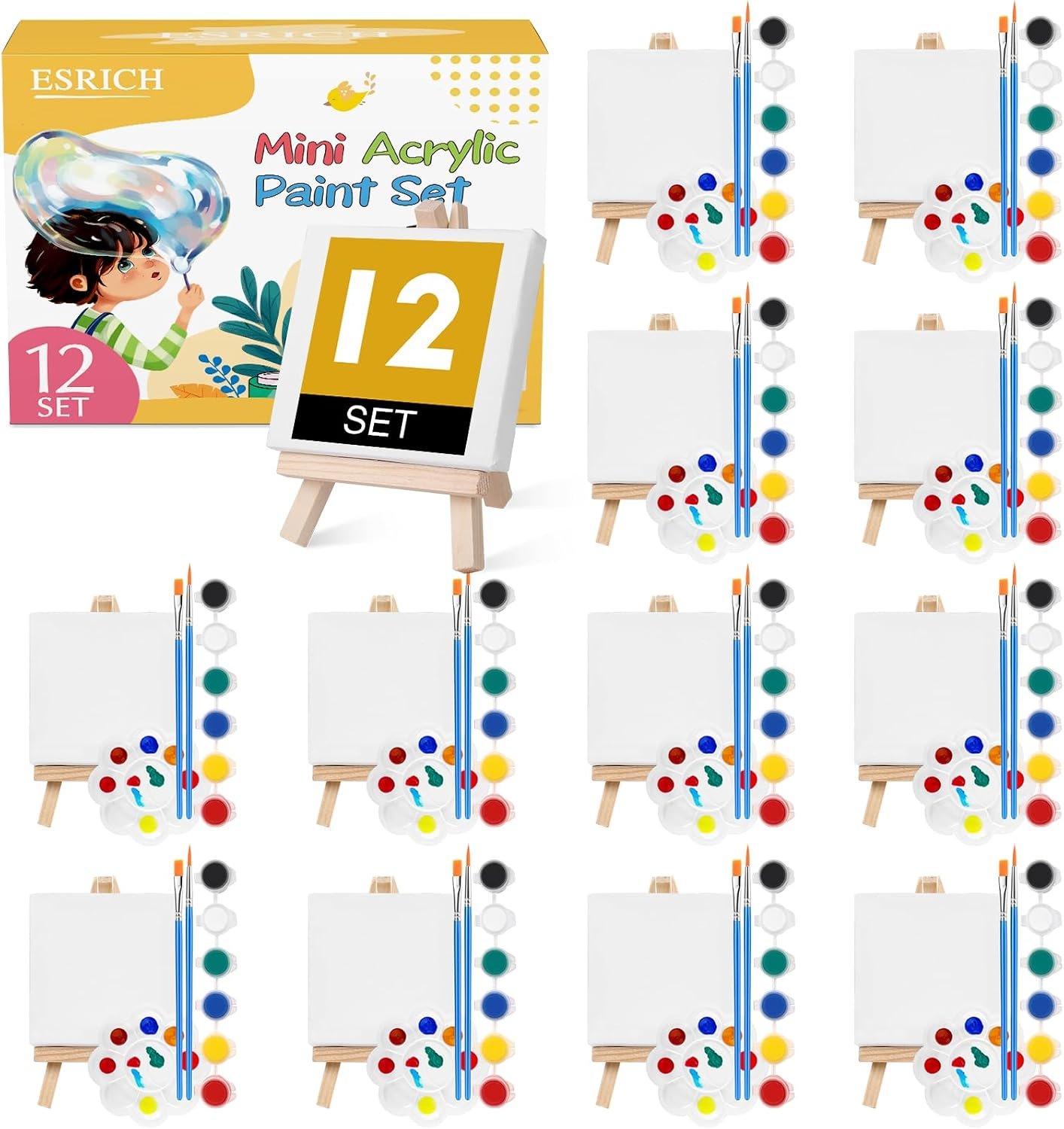 ESRICH 12 Set Mini Acrylic Paint Kit, Mini Stretched Canvas with Easel