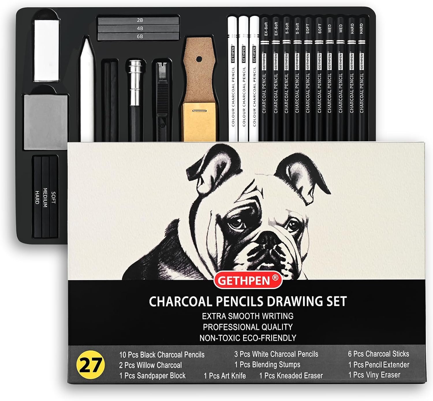 GETHPEN Charcoal Pencils for Drawing, S-Soft, Soft, Medium, Hard, 27Pcs