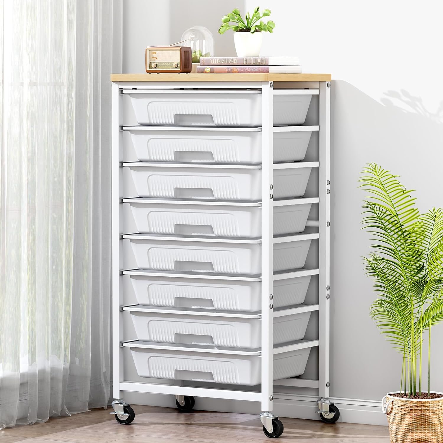 caktraie 8-Drawers Rolling Cart, Craft Storage Utility Cart, White layer