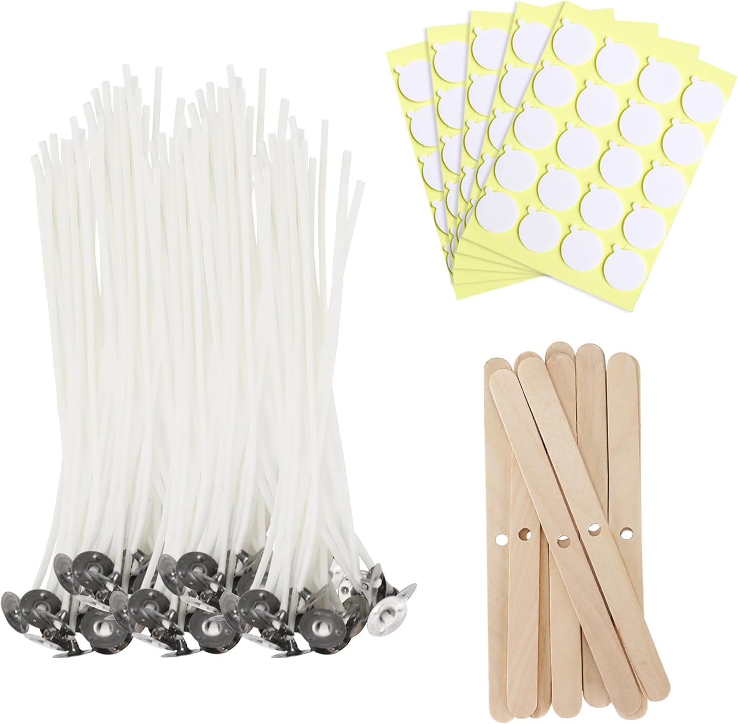 JEAWIWI 100 Pcs Candle Wicks, 6 in, with Wick Stickers & Wooden Holders
