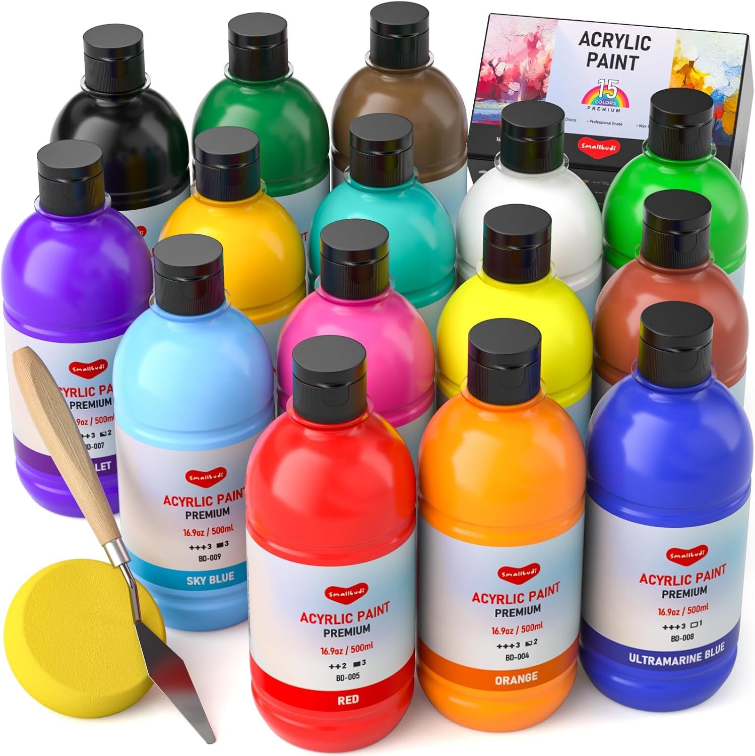 Smallbudi Bulk Acrylic Paint Set, 15 Colors 16.9oz for Artists & Beginners