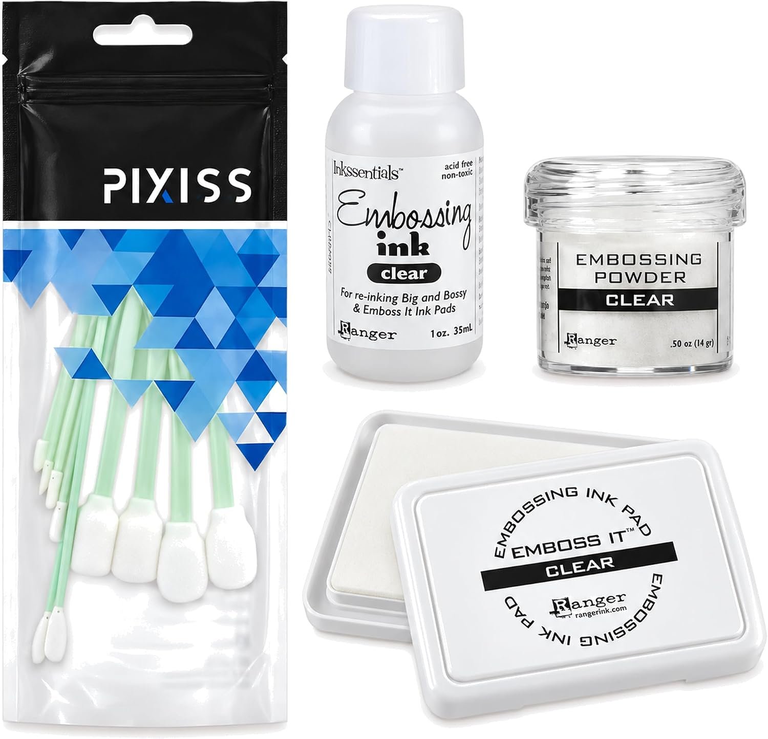 Ranger Emboss It Ink Pad and Reinker and Embossing Powder (Clear) and Blending Tools – Clear Embossing Ink Pad, Ink Refill, Embossing Powder and Blending Brush Tools for Card Making, Scrapbooking