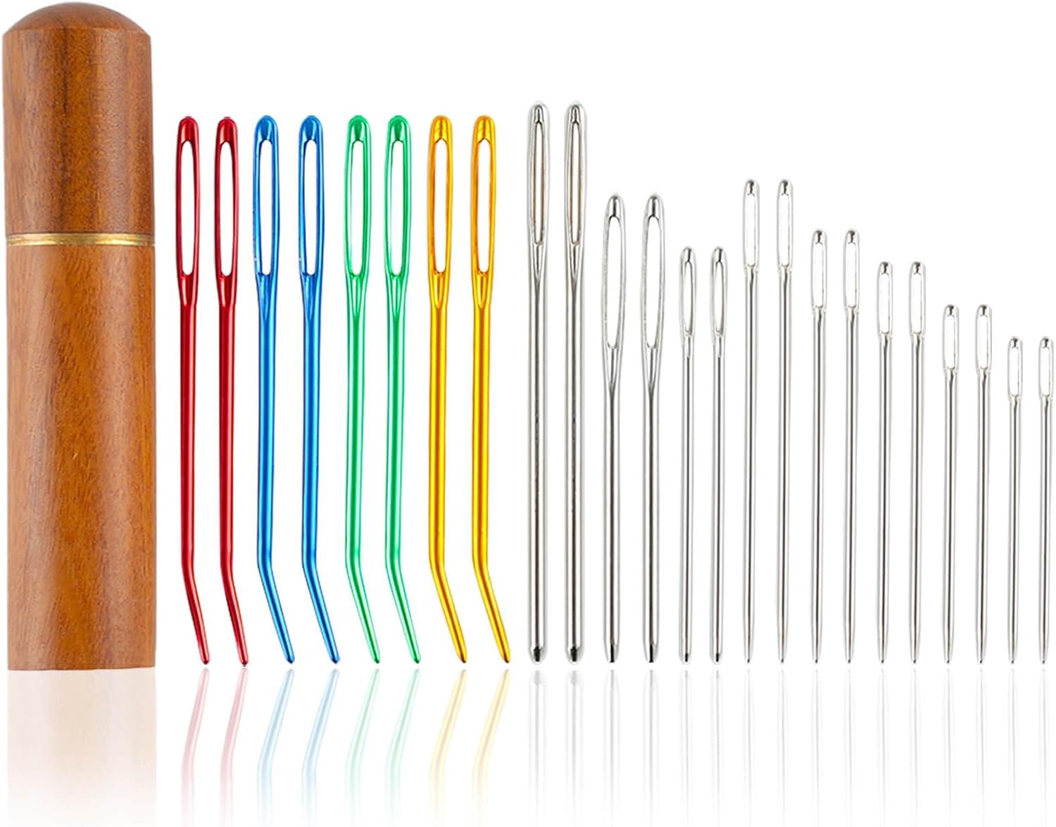 24pcs Large Eye Sewing Needles Kit, Stainless Steel Blunt Darning Needles & Bent Tapestry Needles & Sharp Hand Knitting Needles with Wooden Case,Perfect for Crochet/Darning/Yarn/Embroidery Projects