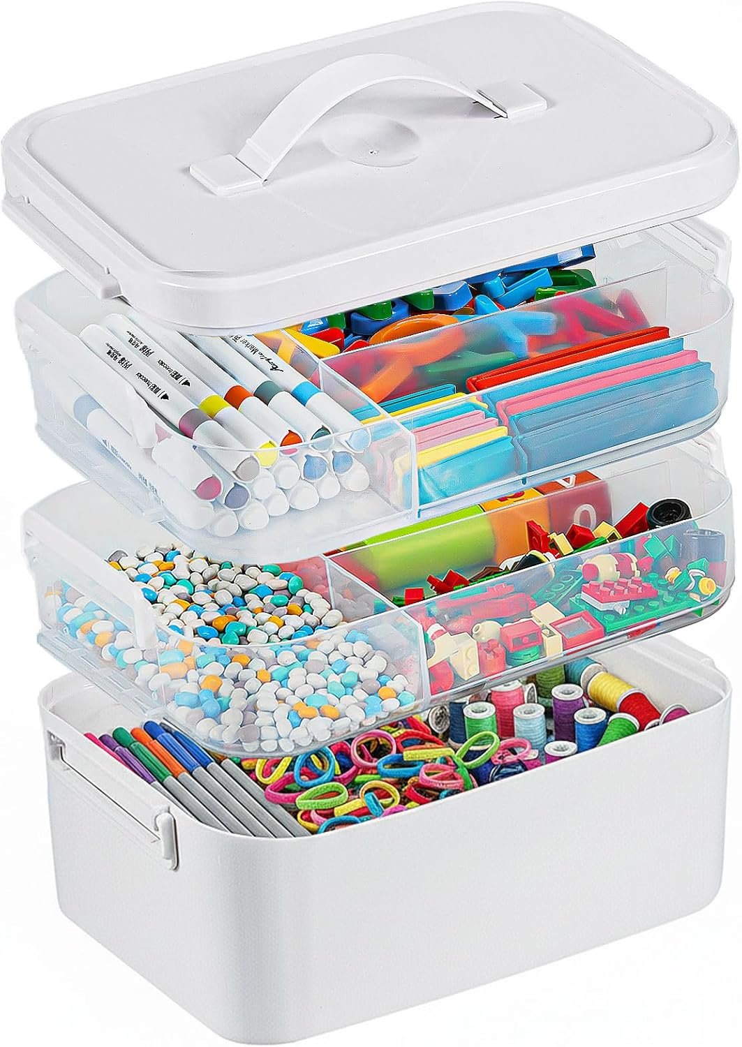 3-Layer Plastic Craft Organizers and Storage Box with Removable Trays, Storage Containers with lids and Handle, Art Supply Storage Organizer for Bead, Ornament, Nail Polish, Tape（10.62″x9″x7.67″）