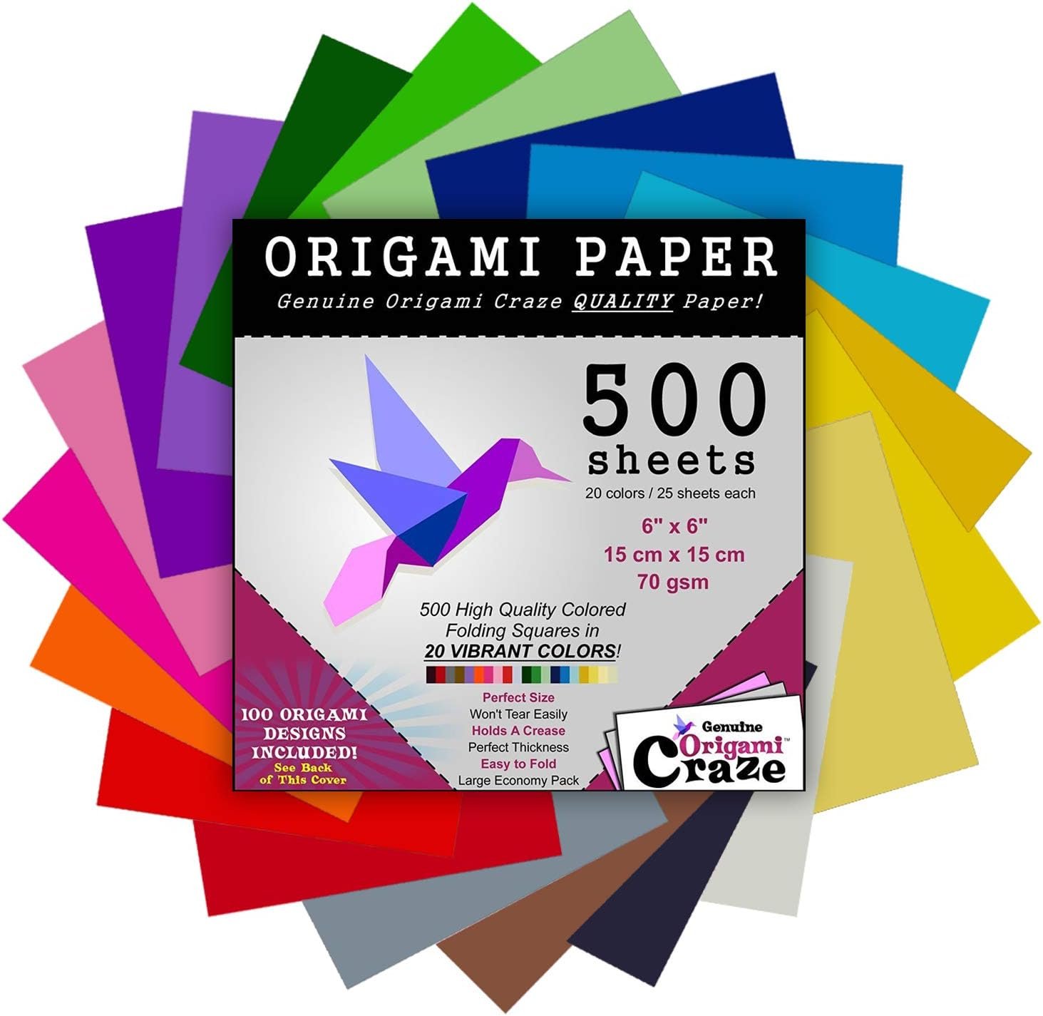 Origami Paper 500 Sheets Premium Quality for Arts and Crafts 6″ Square Sheets 20 Vibrant Colours Same Colour on Both Sides 100 Design Ebook Included (See Back of Cover for Download info)