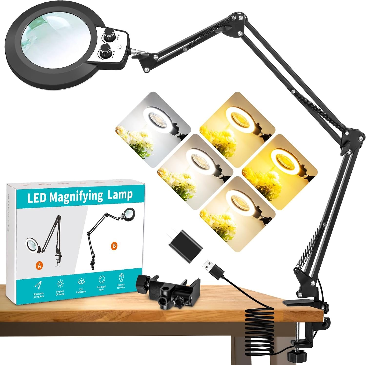 Magnifying Glass with Light, Overhead Knob Magnifier Lamp 15X