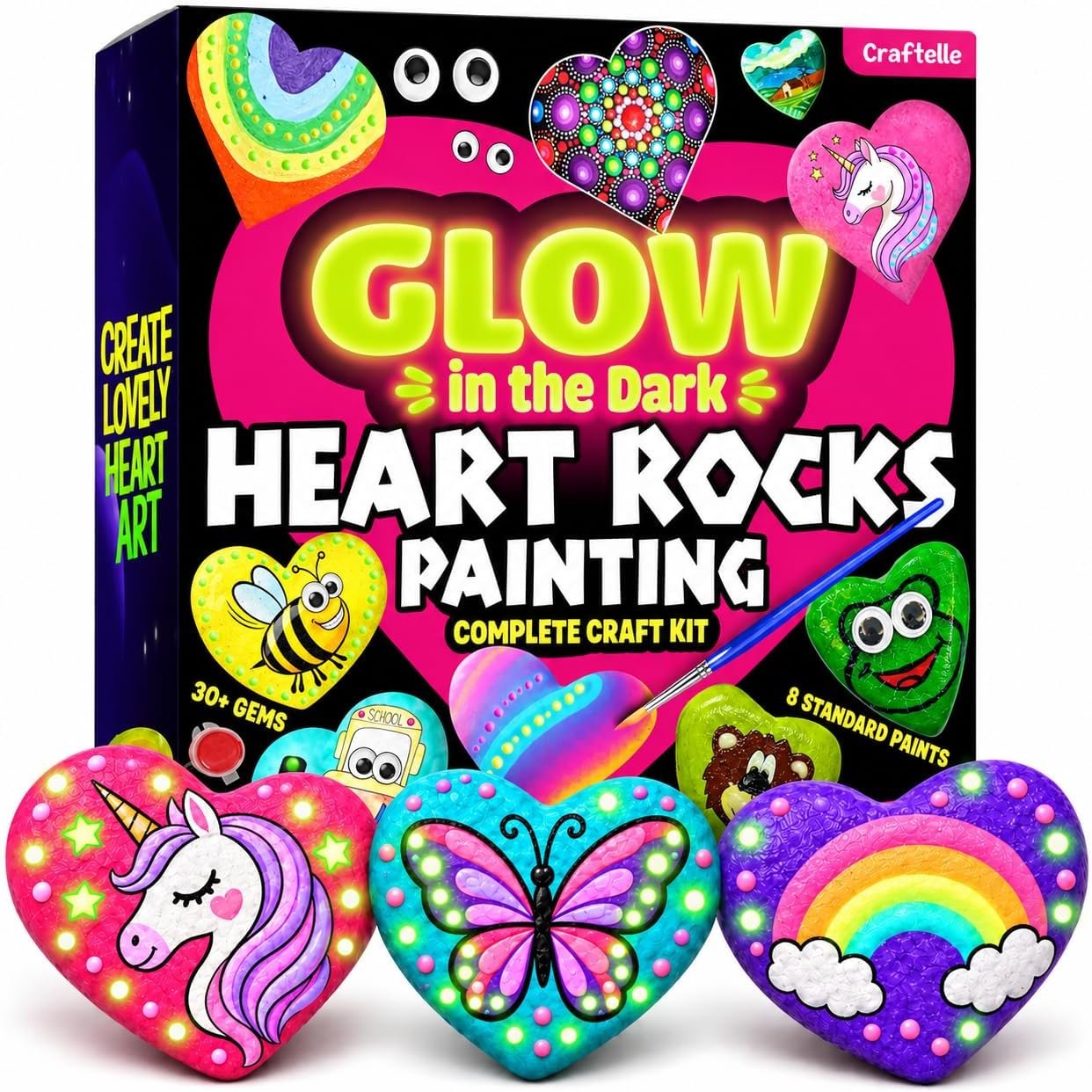 Hearts Rock Painting Kit for Kids Girls – Glow in Dark Art Supplies Ages 4-12 – Complete STEM Craft Set with Puffy Paint Stickers Gems Paints – Educational Birthday Easter Gifts Art Toys for Girl