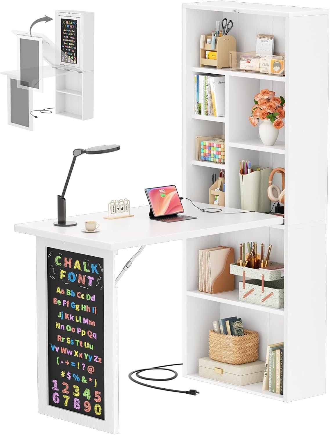 Armocity Small Folding Desk with Outlets, Fold-Out Murphy Desk Craft Table