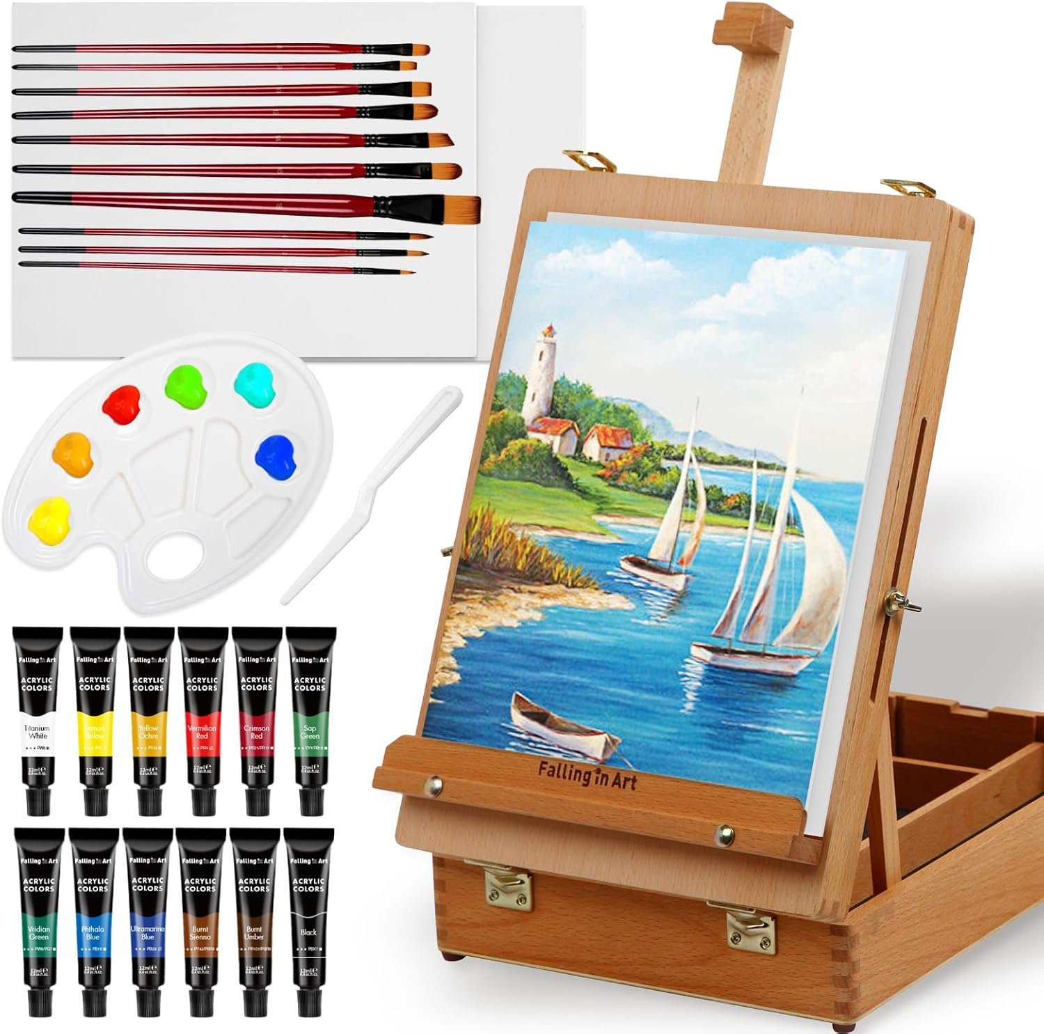 Falling in Art 27 Pcs Beechwood Tabletop Easel Box Set