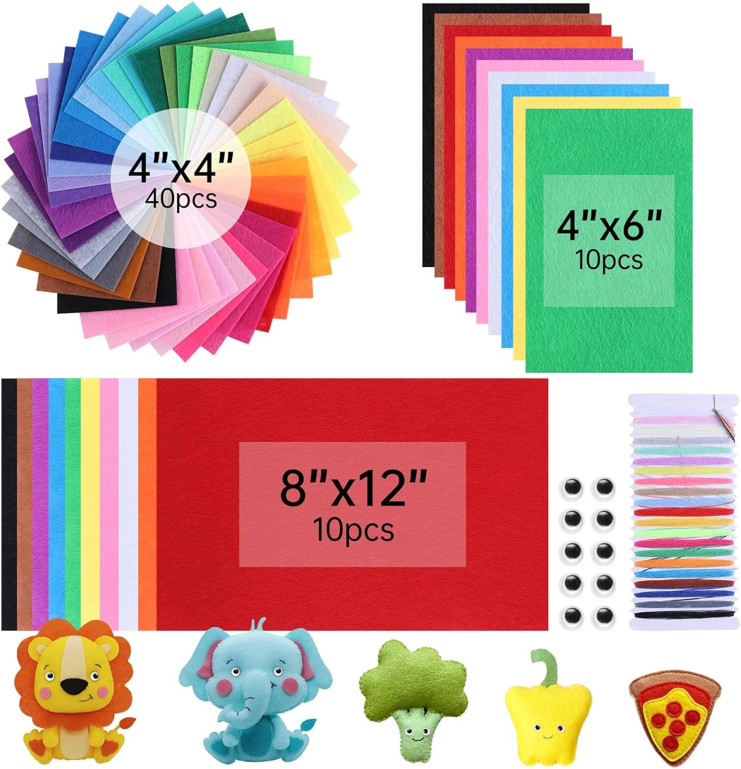 ABEJFIC 60PCS Felt Fabric Sheets Craft Kit – 4″x 4″ + 4″x 6″+ 8″x 12″ Assorted Colors – 1mm Thick Square Nonwoven Felt Fabric for Kids, DIY Sewing Crafts, Patchwork, School Projects, Decoration
