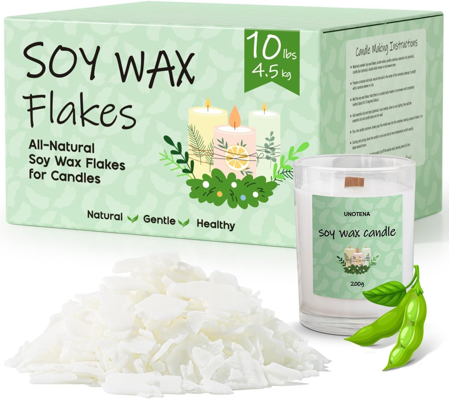 UNOTENA Soy Wax Flakes for Candle Making, Natural Candle Wax, Farm-Sourced, No Additives, Safe and Pure, 10LB