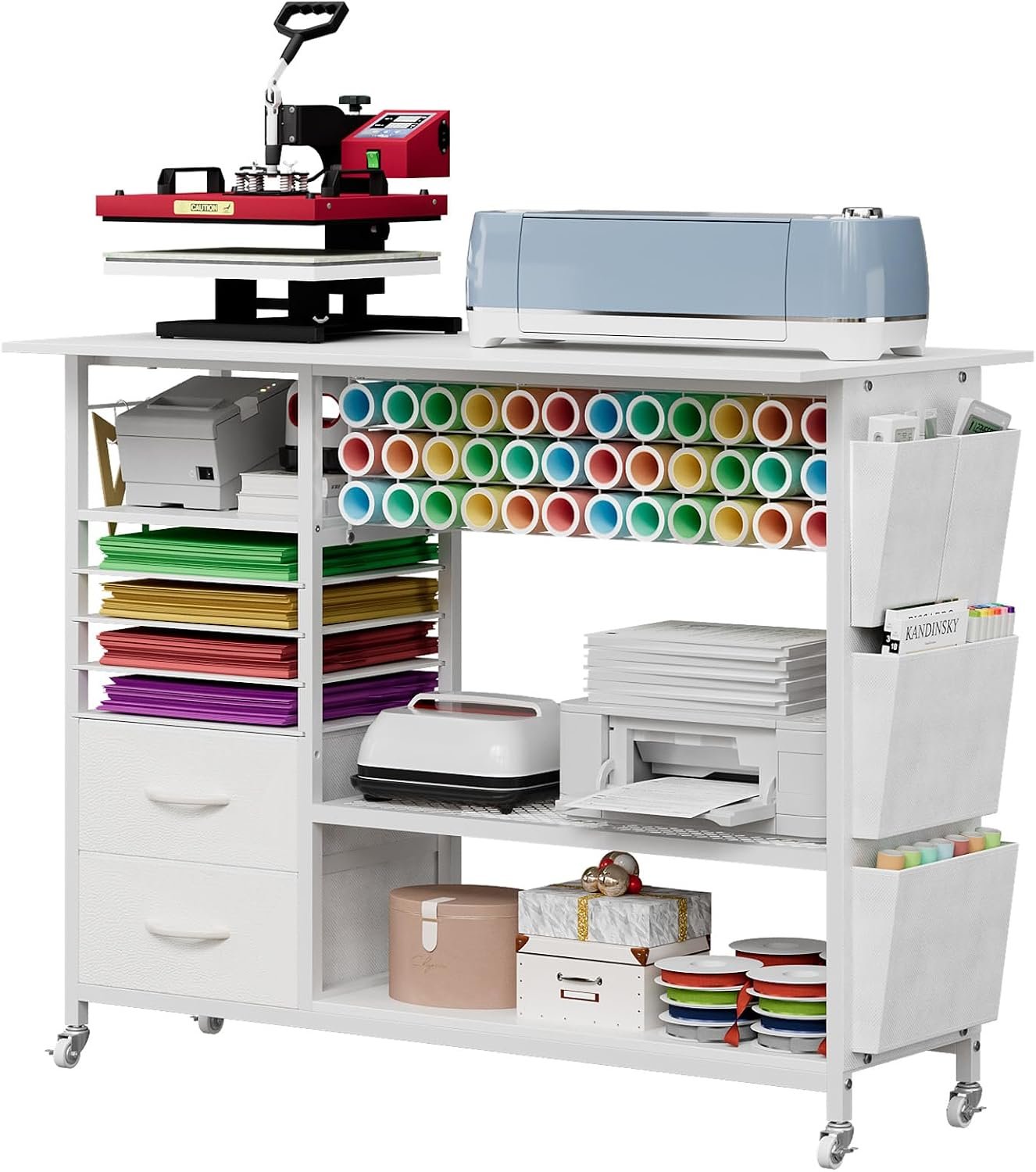 VENNQD Large Heat Press Table Stand, Rolling Heat Transfer Machine Desk Cart Drawers Compatible with Cricut Machines Vinyl Roll Holder DIY Organizer Crafting Table Workbench (White)