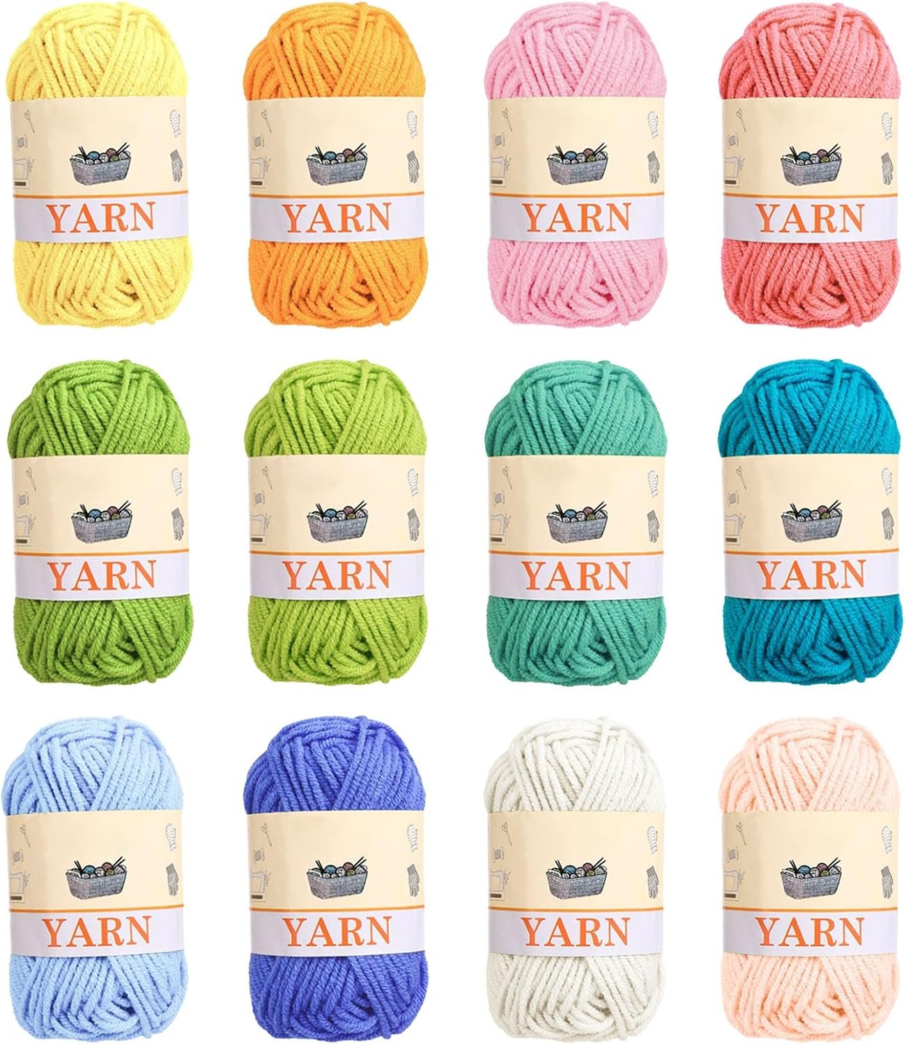 Yinsun 12pcs Acrylic Crochet Yarn Bundle, 12 Colors Starter Yarn (12x15g)