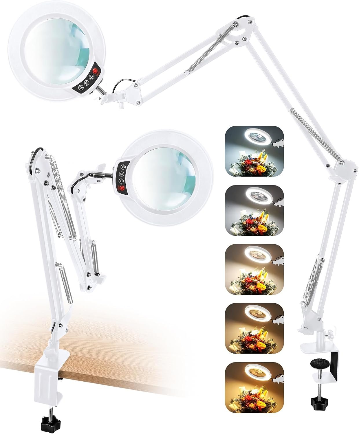12X Magnifying Glass with Light and Clamp, Extra Long 3 Swing Arm, White