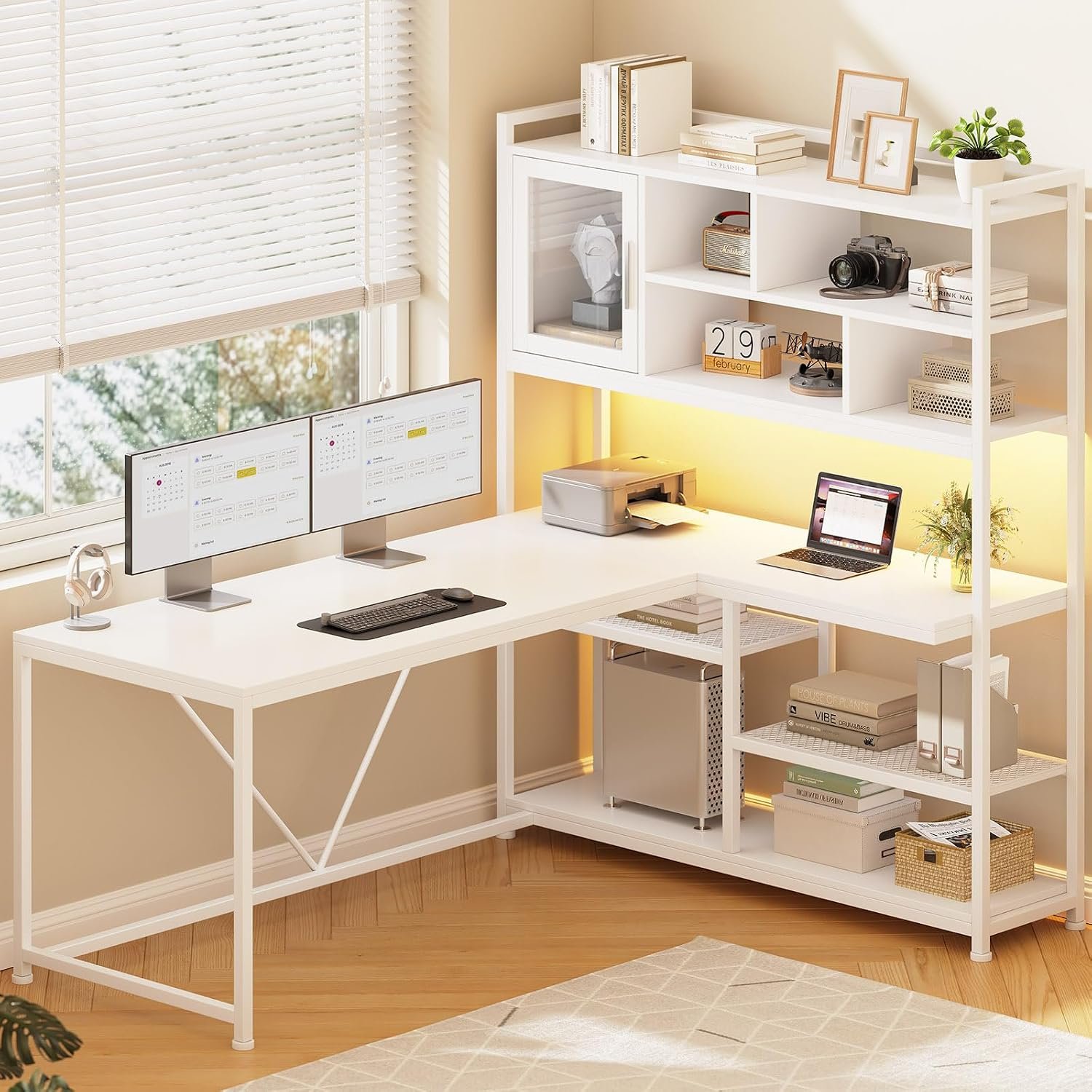SEDETA L Shaped Computer Desk with Storage Shelves and Bookshelf, White