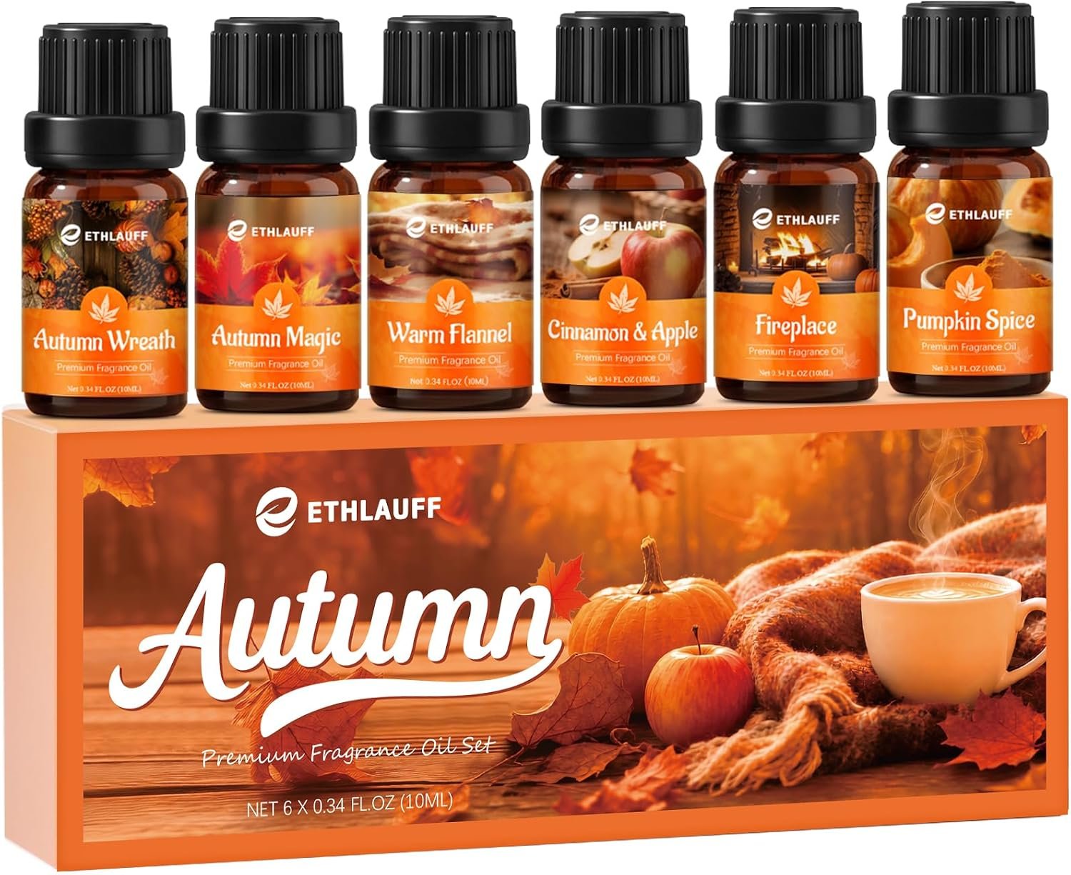Fragrance Oil Autumn Set, Fall Essential Oils, Pumpkin Spice,Cinnamon & Apple,Fireplace, Autumn Wreath, Warm Flannel, Fall Scents for Diffuser, Candles Making Scent
