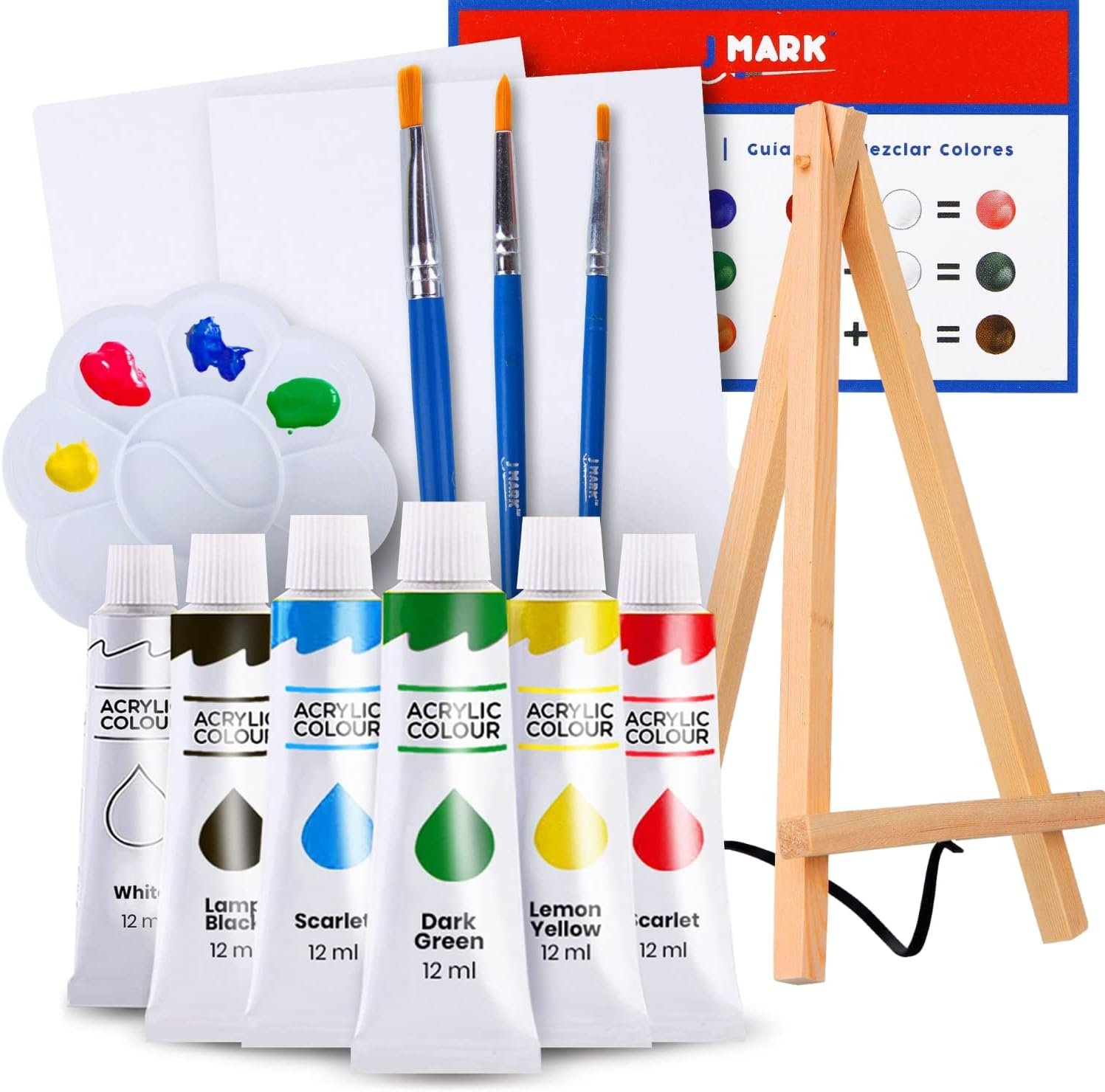 J MARK Paint and Canvas Set – Mini Canvas Acrylic Painting Kit with Wooden Easel, Canvases, Acrylic Paint, Brushes & Palette, Canvas Paint Set, Painting Kit for Adults & Kids