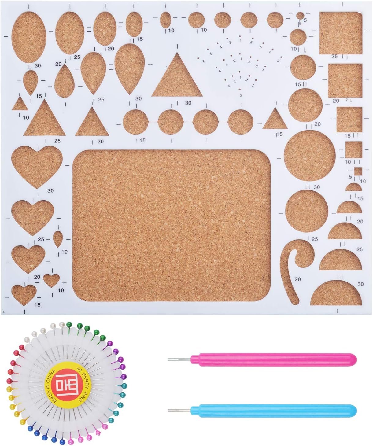 1 Set of Paper Quilling Template Board Quilling Mould with 2pcs Quilling Slotted Tools and 40pcs Pearl Head Pins for DIY Paper Craft