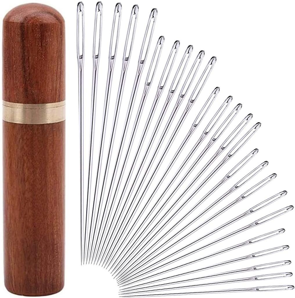 25Pieces Hand Sewing Big Eye Needles Sharp Needle，with Solid Wood Needle Case for