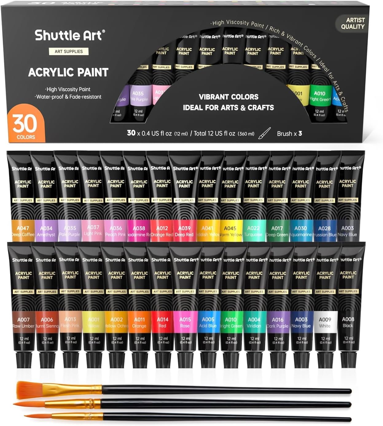 Shuttle Art Acrylic Paint Set, 30 x12ml Tubes Artist Quality Non Toxic Rich Pigments Colors Great for Kids Adults Professional Painting on Rocks Canvas Wood Clay Fabric Ceramic Crafts