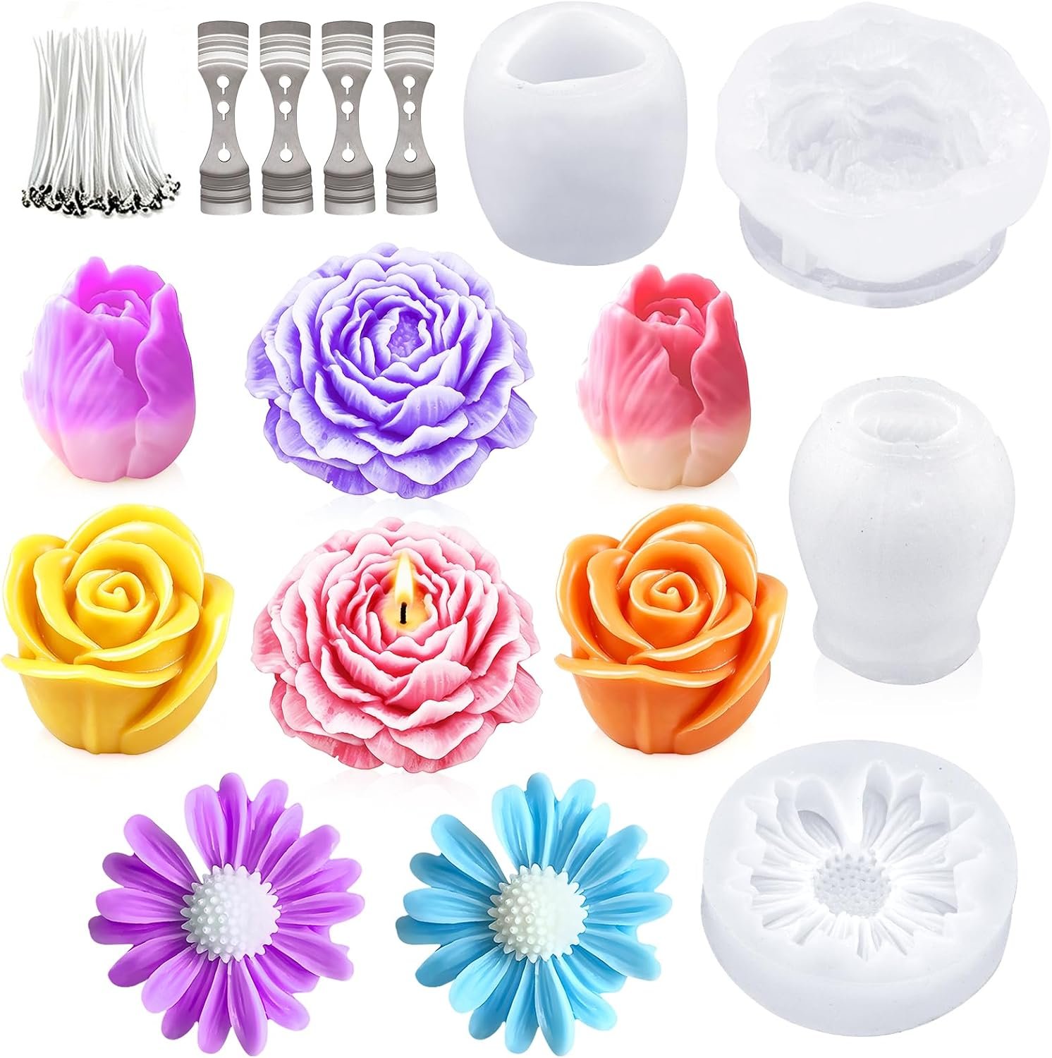 4Pcs Silicone Flower Candle Molds for Candle Making, with Wax Wick