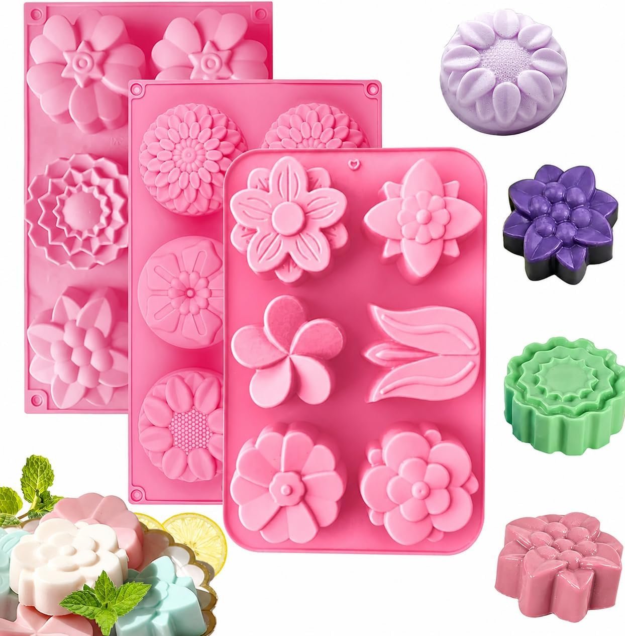 Silicone Soap Molds, different Cavities Soap Mold with Different Shapes, Perfect for Soap Making, Handmade Cake Chocolate Desserts Biscuit Pudding Teacake Jelly （3 Pack – Flower）