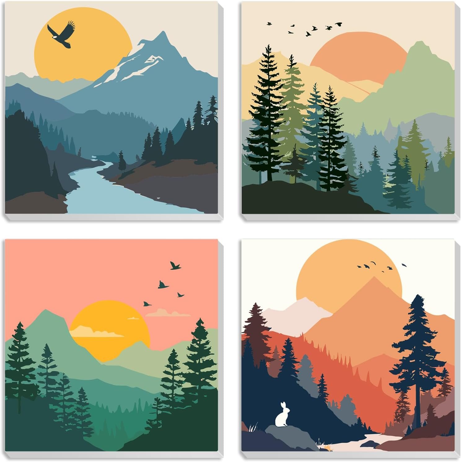 MXJSUA 4 Pack Sunset Mountain Paint by Numbers Kit with Framed Canvas for Ages 6-12 Kids, Paint by Numbers Kits for Children Beginners, Acrylic Oil Painting for Home Wall Decor Gift (8×8 inch)