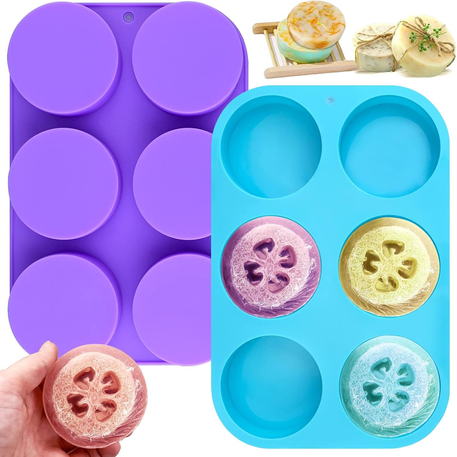 Sakolla 4oz Round Silicone Soap Molds, 3.15” Cylindrical Soap Molds for Loofah Soap Bath Bombs Steamer Lotion Bars, Set of 2