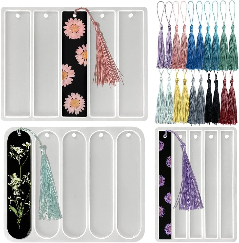 RESINWORLD Set of 3 Shiny Bookmarks Silicone Mold, Bookmark Resin Mold with Tassels, Small Medium Rectangle Bookmark Mold