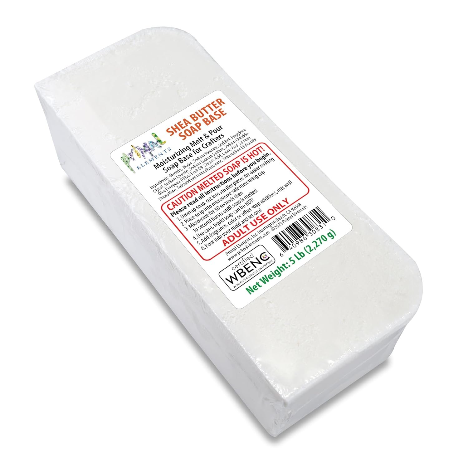 Primal Elements Shea Butter – Moisturizing Melt and Pour Glycerin Soap Base for Crafting and Soap Making, Easy to Cut – 5 Pound
