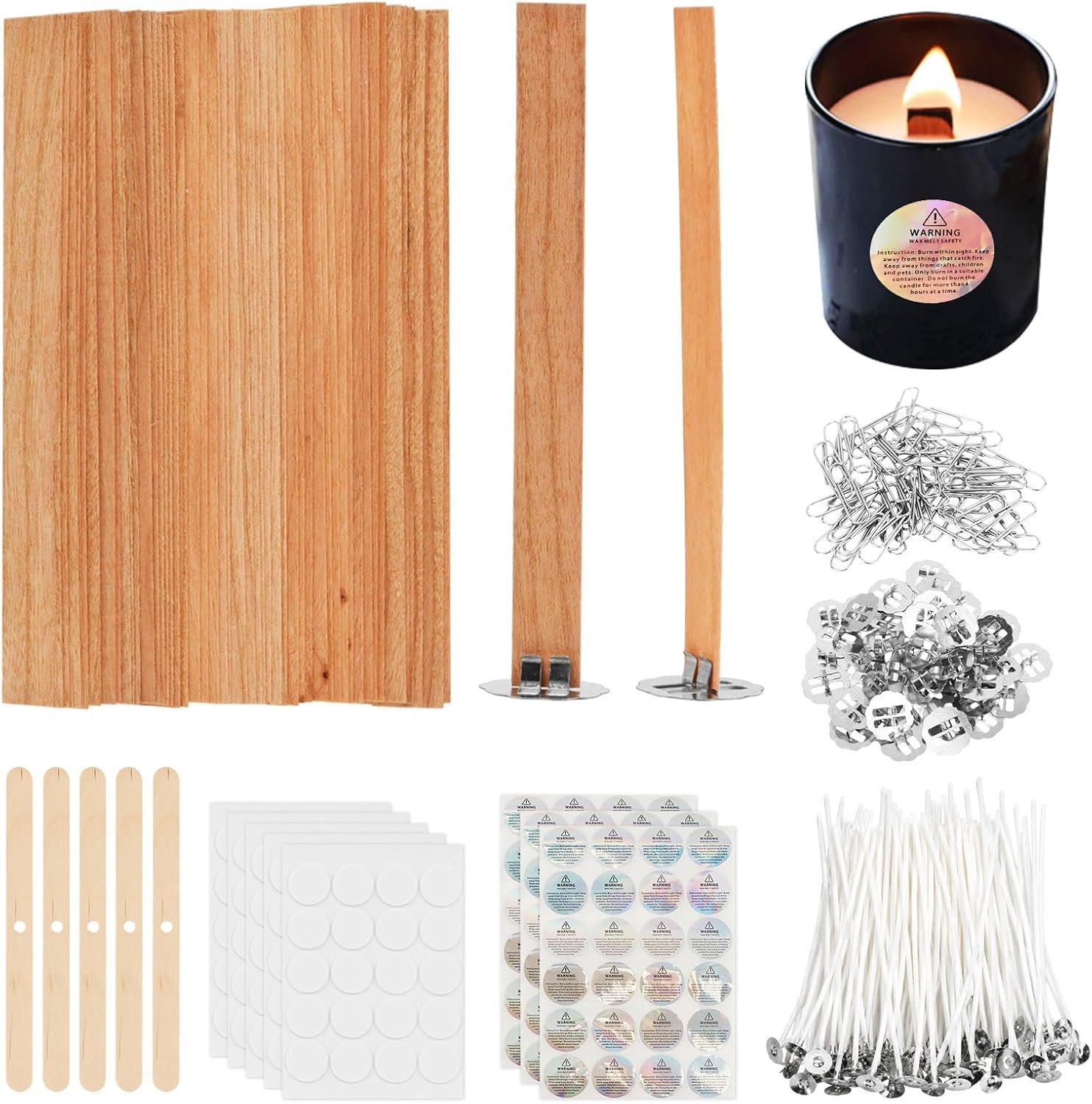 150Pcs Wooden Candle Wicks Kit, 100 Cotton and 50 Cherry Wood Wicks, DIY Candle Making Kit for Soy and Beeswax, Include Complete Tools (Wick Holders, Wick Clips, Wick Stickers)