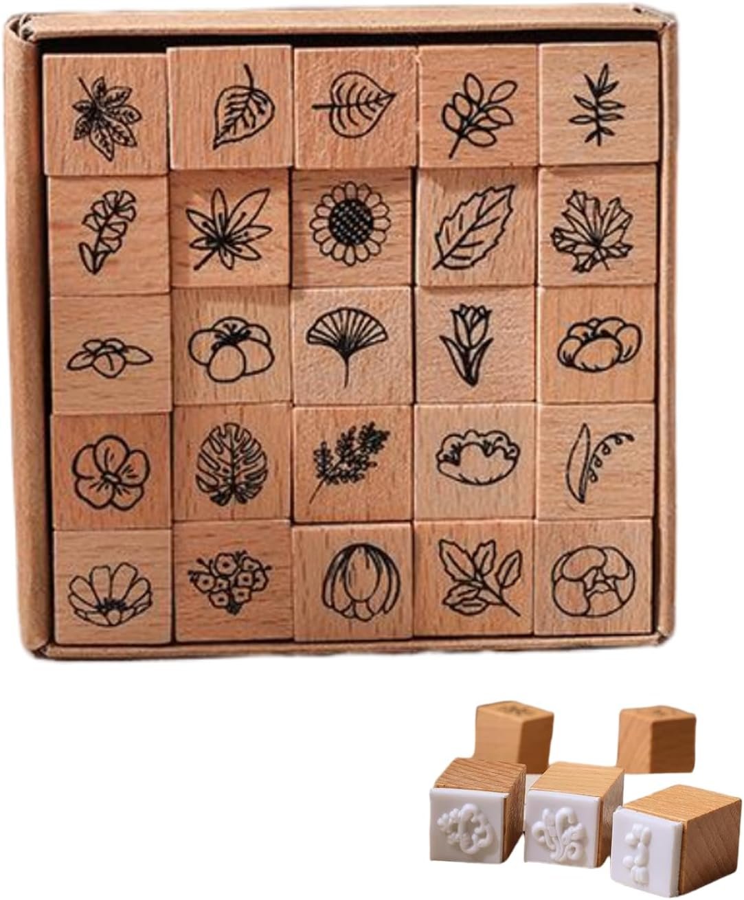 25Pcs Mini Handmade Wooden Flower Stamps for DIY Craft & Card Decoration