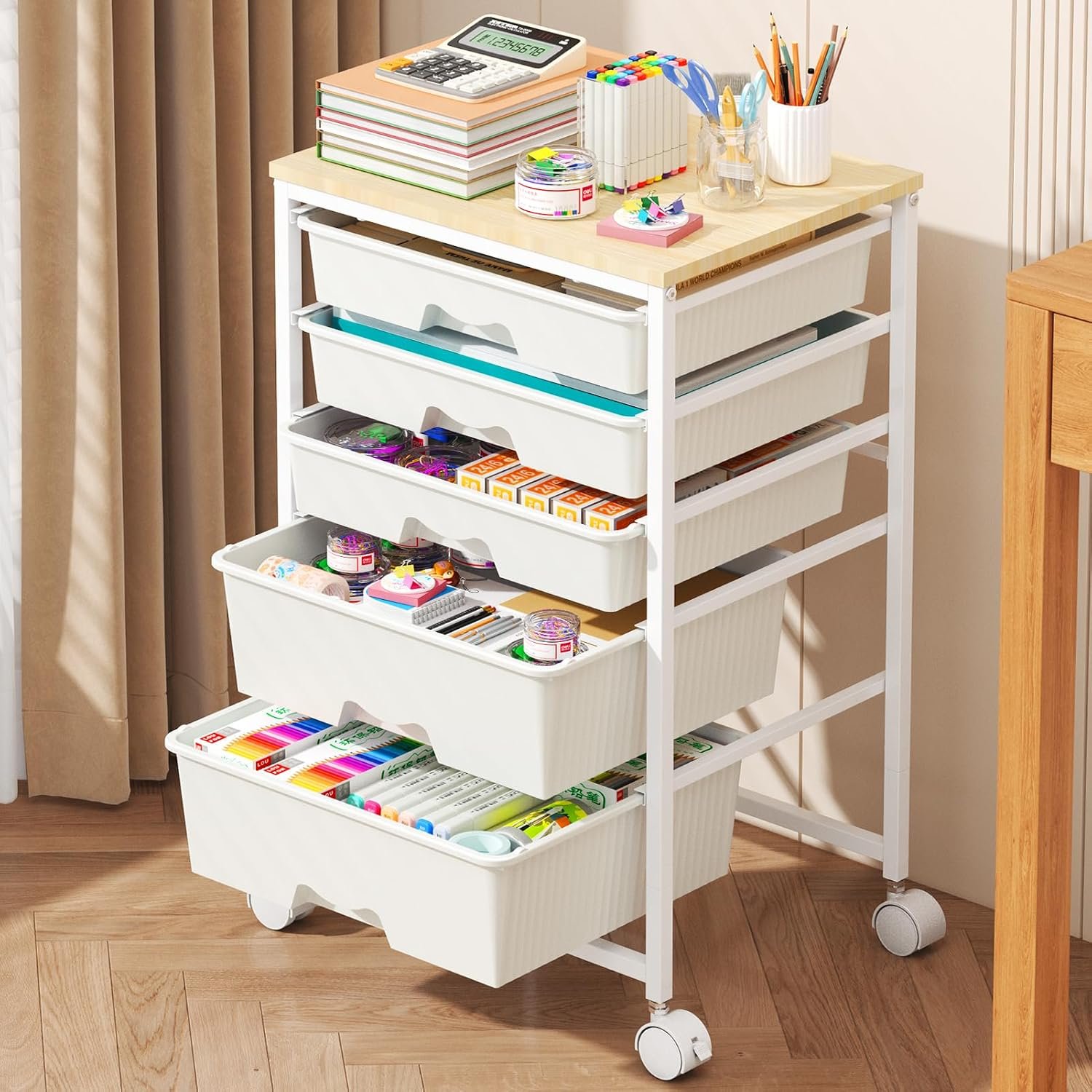 Goovilla Rolling Cart with 5 Drawers for Craft, Art, Dorm, Office, White