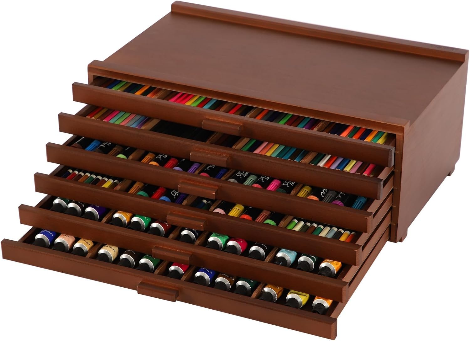 VISWIN 6-Drawer Art Supply Storage Organizer, Beech Wood Artist Storage Box with Removable Dividers, Portable Art Box for Paints, Brushes, Pencils, Pens, Pastels – Walnut